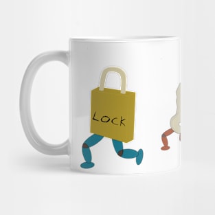 Illustration of a key chasing a lock Mug